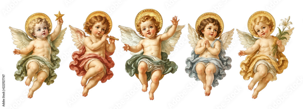 Fototapeta premium Vintage cherub angels illustration with wings, halos, flowers, star