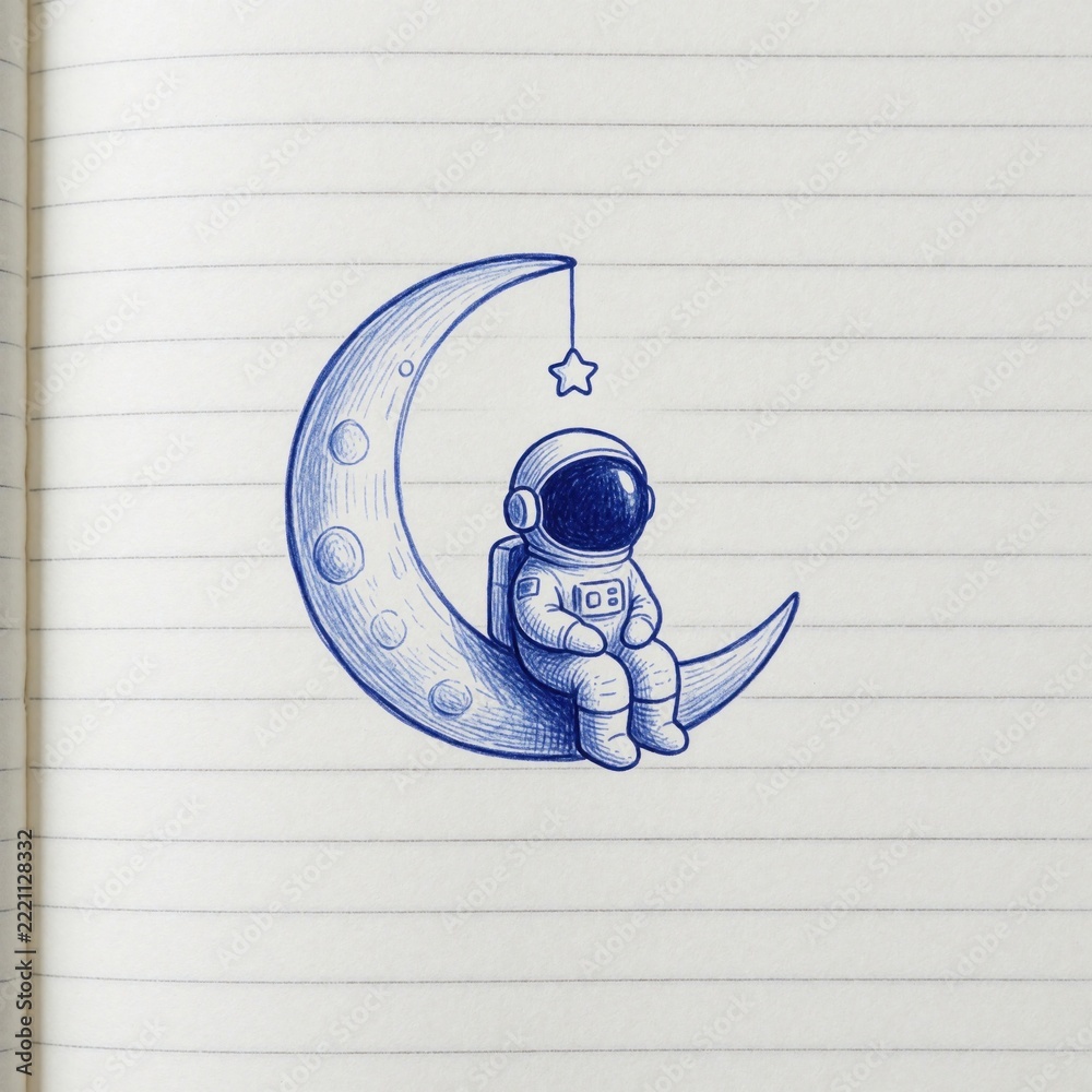 Fototapeta premium Hand drawn blue ink illustration of cute astronaut sitting on crescent moon in lined notebook. Tiny star hangs above space traveler. Minimalist sketch with empty copyspace for text. Creative doodle