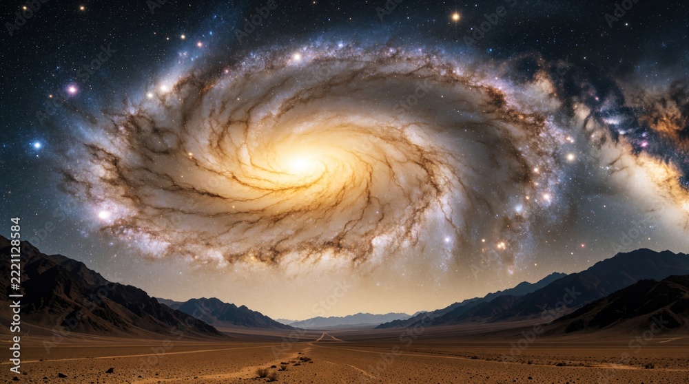 Fototapeta premium Giant spiral galaxy stretches across dark night sky above remote desert landscape. Massive cosmic nebula shines bright over sand dunes, mountain range. Amazing Milky Way view with stars, celestial