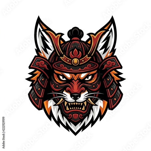 Fierce warrior mask with fox features and samurai armor.