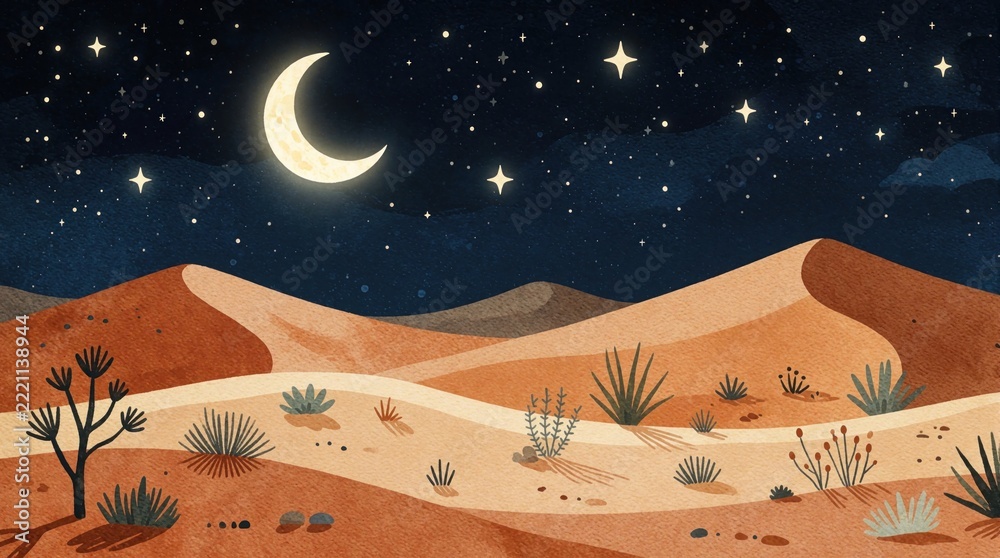 Fototapeta premium Serene desert landscape at night under starry sky. Crescent moon shines bright above sandy dunes, sparse desert plants. Dreamy celestial scenery with calm dunes, nocturnal wilderness. Beautiful night