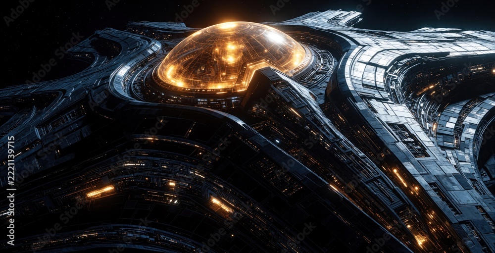 Fototapeta premium Huge futuristic alien spaceship flies through deep space. Massive metal starship with glowing orange dome, bright lights. Advanced sci-fi spacecraft structure travels in dark cosmos near distant