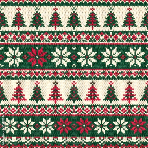 Festive Knitted Pattern: A cozy, traditional Christmas sweater pattern featuring repeating motifs of pine trees, snowflakes, and floral elements in classic holiday colors of red, green, and cream.
