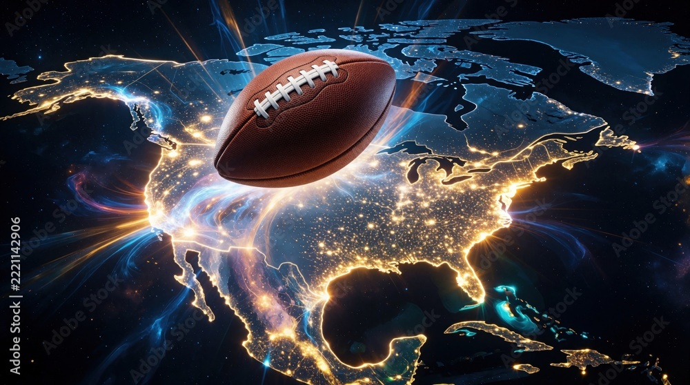 Fototapeta premium American football ball flies over North America map with glowing city lights. Digital art shows sports championship concept across USA, Canada. Professional football game energy travels through