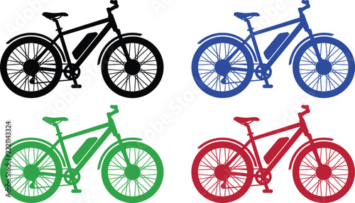Electric bicycle e bike silhouettes in four different colors for eco friendly urban micro mobility transit