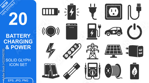 Battery charging and electrical power solid glyph icon vector pack for modern technology interface and industrial energy management system visual communication