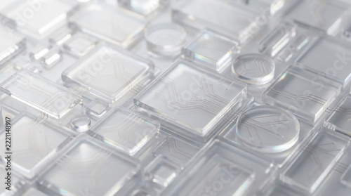 Transparent geometric shapes with circuit patterns create a futuristic, tech-inspired abstract background.