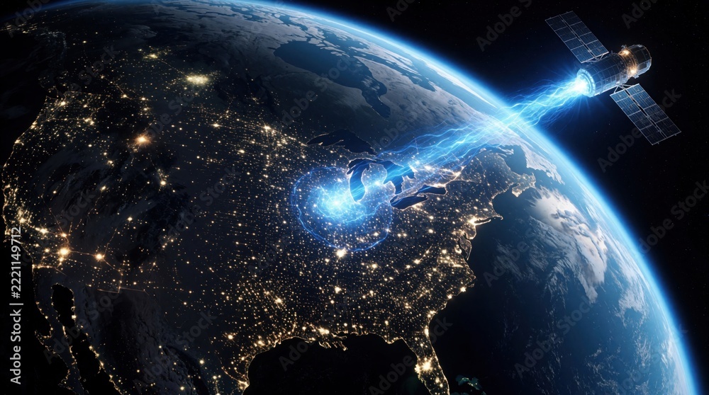 Fototapeta premium High tech satellite sends blue energy beam to Earth at night. Spacecraft transmits digital signal to North America continent with city lights. Global communication network connects planet through