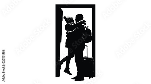 Loving couple embracing in doorway with luggage featuring dramatic black and white graphic silhouette illustration