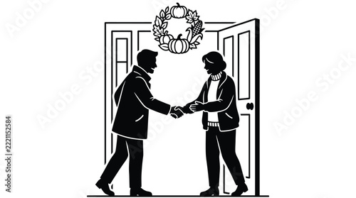 Man and woman shaking hands warmly at front entrance door with autumn harvest wreath