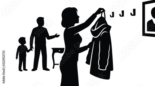 Black and white silhouette of a family entering home and hanging winter jackets