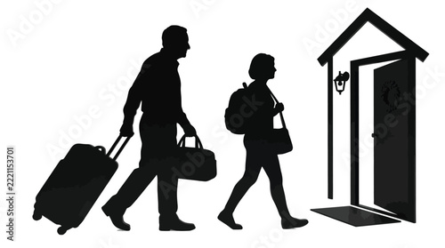 Black silhouettes of a couple walking with luggage toward an open front door