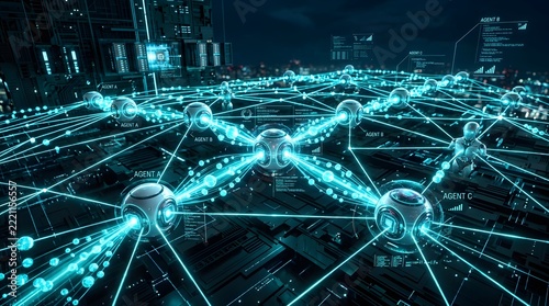 Futuristic digital network connection with autonomous agents and data