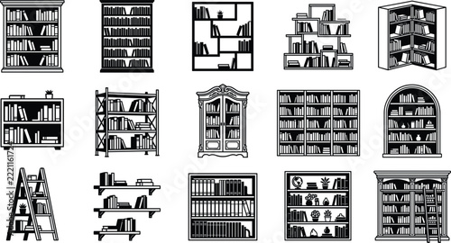 Bookshelf and Bookcase Icon Collection Vector Illustration with Library Shelves, Vintage Cabinets, Wall Mounted Racks and Decorative Storage Furniture
