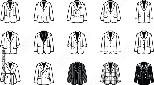 Women’s blazer fashion line art collection with tailored suit jackets, single and double breasted blazers, notched lapels, belted styles and plaid patterns