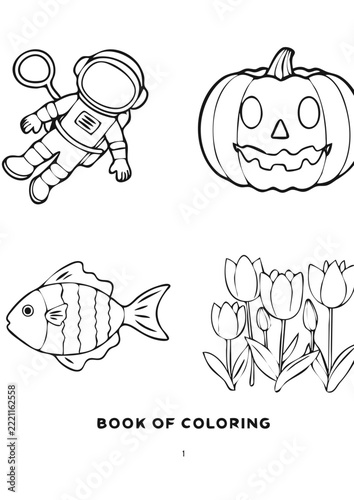 Astronaut, Halloween pumpkin, fish and flowers doodle set coloring page vector for kids
