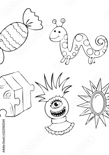 Cute monster, worm and fantasy characters doodle set coloring page vector for kids