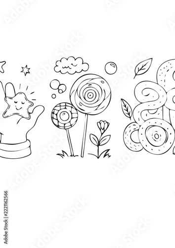 Cute sweets, candy and magical elements coloring book page for children