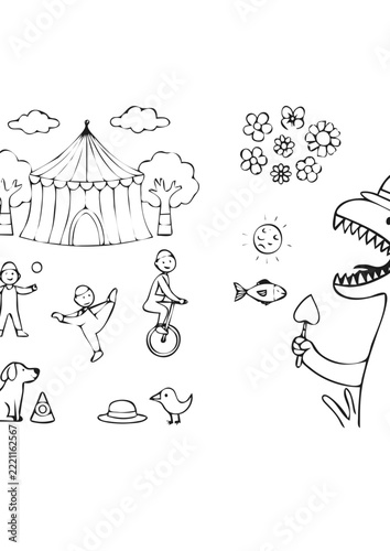 Doodle coloring book page set with circus, dinosaur and fun characters for children