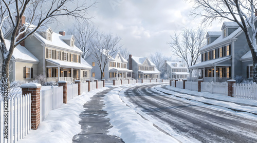 Suburban street with colonial houses, white picket fences, and snow-covered sidewalks during a winter day with bare trees and gray sky