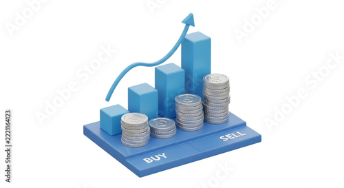 Growing bar chart icons showing business success and financial increase on blue platform isolated on transparent background