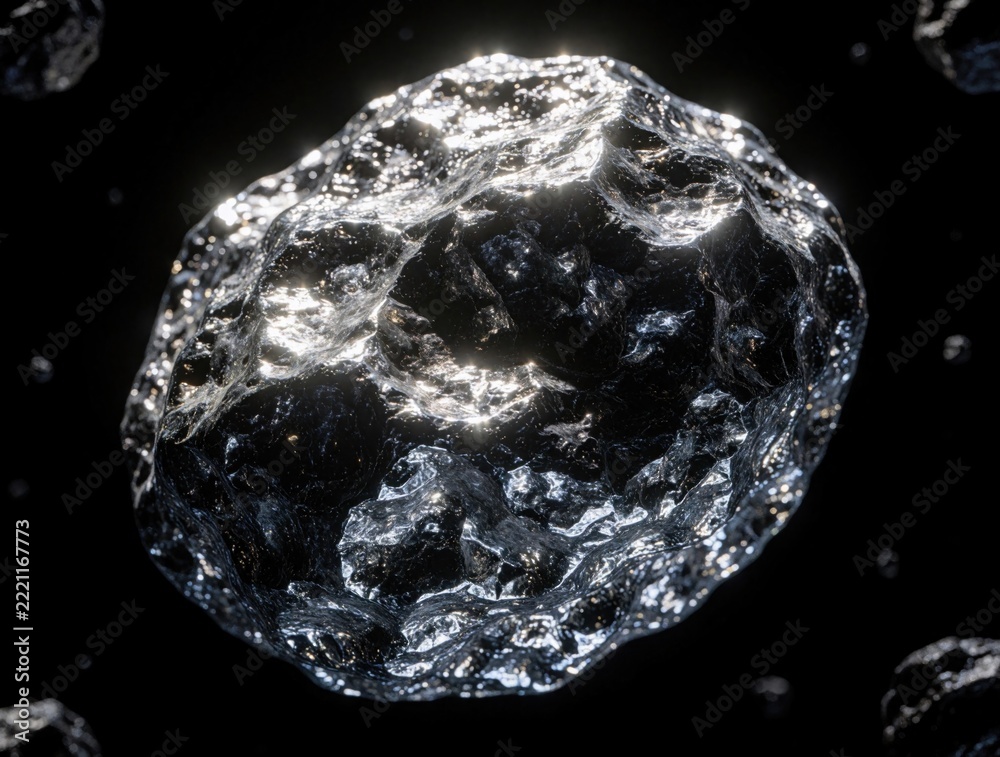 Fototapeta premium Small reflective metallic asteroid floats in deep black outer space. Shining silver rock glitters under harsh sunlight. Cosmic debris orbits in dark universe. Meteorite piece shows bumpy texture,