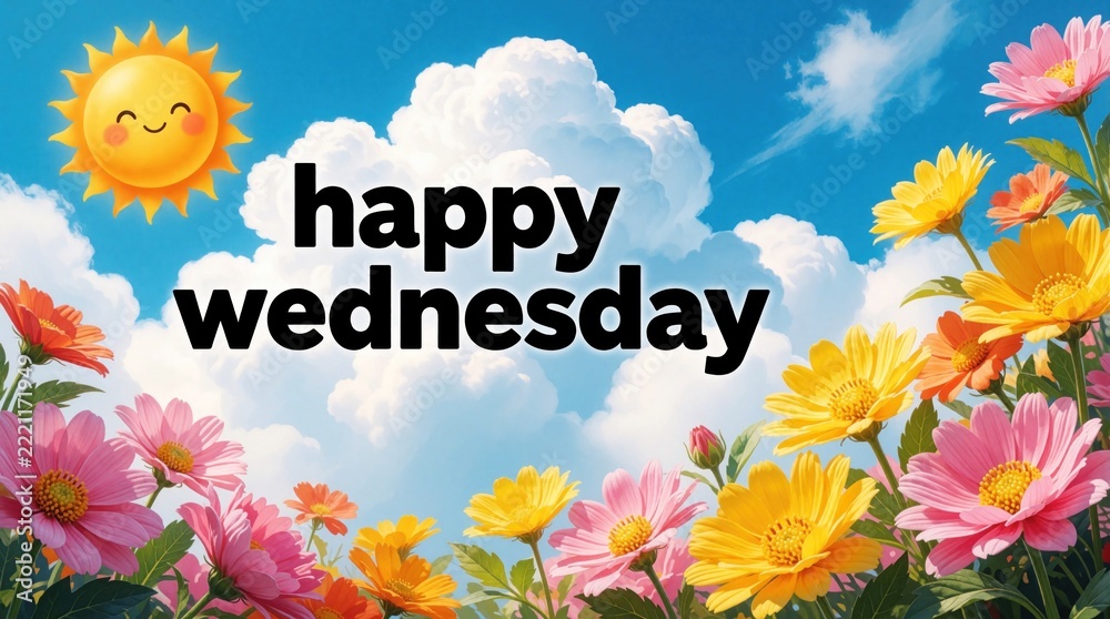 Fototapeta premium Happy Wednesday greeting with bright text over blue sky, white clouds. Sunny day background with colorful cosmos flowers. Cheerful sun character smiles in corner. Positive morning message for social
