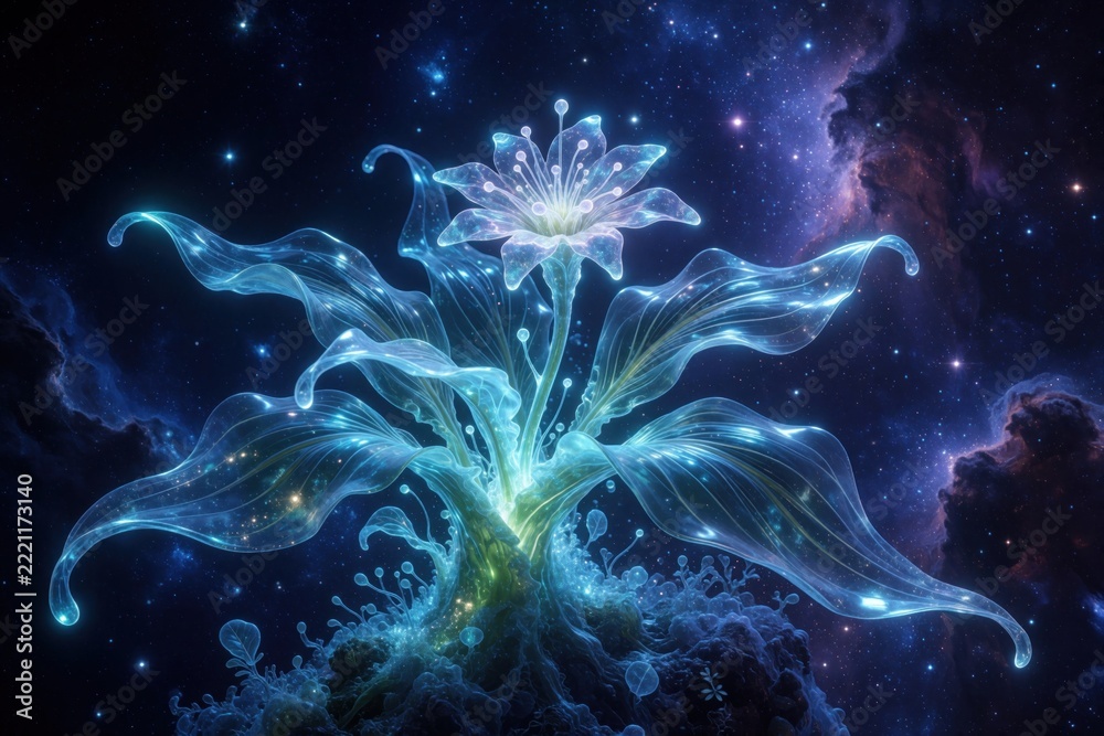 Fototapeta premium Glowing translucent plant grows in deep space nebula. Futuristic bioluminescent flora blooms amidst cosmic stars, celestial light. Abstract sci-fi botanical life concept with ethereal blue energy,