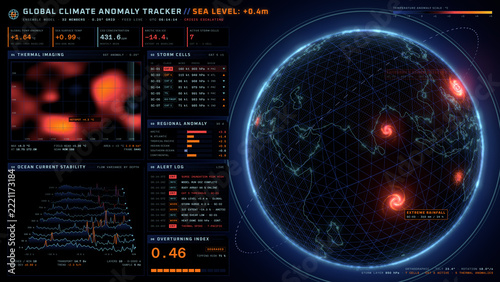 Fotografie Global climate anomaly tracker interface showing storm cells and data