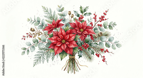 Luxury watercolor botanical Christmas bouquet featuring vibrant red poinsettias, frosted eucalyptus, and winter berries, isolated on a clean white background.