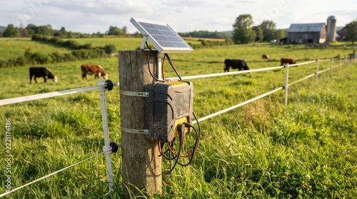 Solar powered electric fence energizer on wooden post in a green pasture with cows grazing and a barn in the background