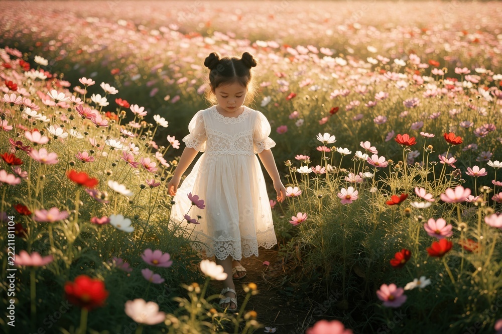 Fototapeta premium Little Asian girl in white lace dress walks through blooming cosmos flower field in Thailand. Cute toddler enjoys summer nature outdoors. Happy child explores colorful meadow during golden hour