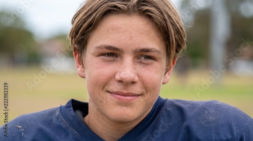 Close-up Portrait of a Sweat-Covered Teenage Boy in a Blue American Football Jersey Smiling After Practice or Game Outdoor on Field Background
