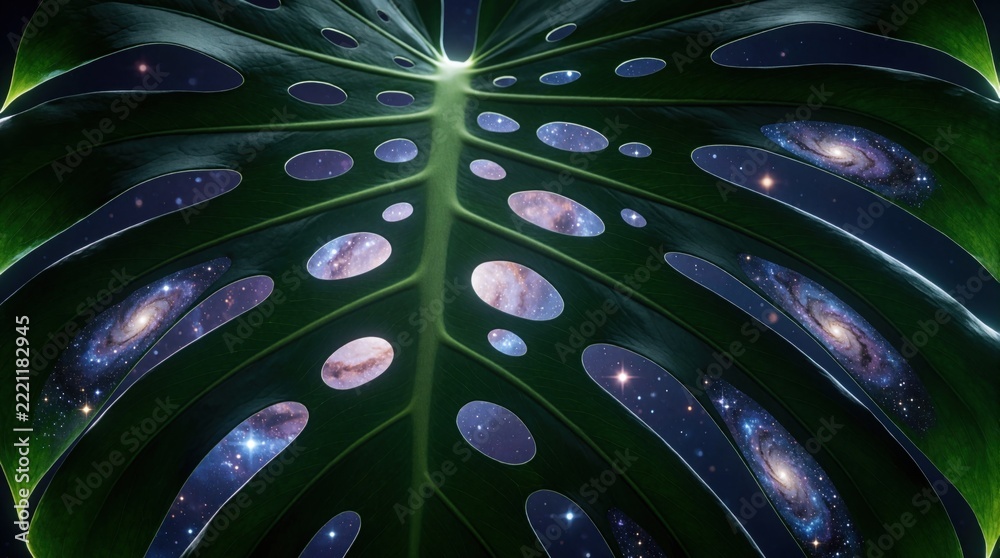 Fototapeta premium Macro view of monstera leaf with cosmic holes. Deep green foliage glowing galaxies, nebulae, bright stars inside perforations. Surreal botanical art combines nature with outer space theme. Mystic