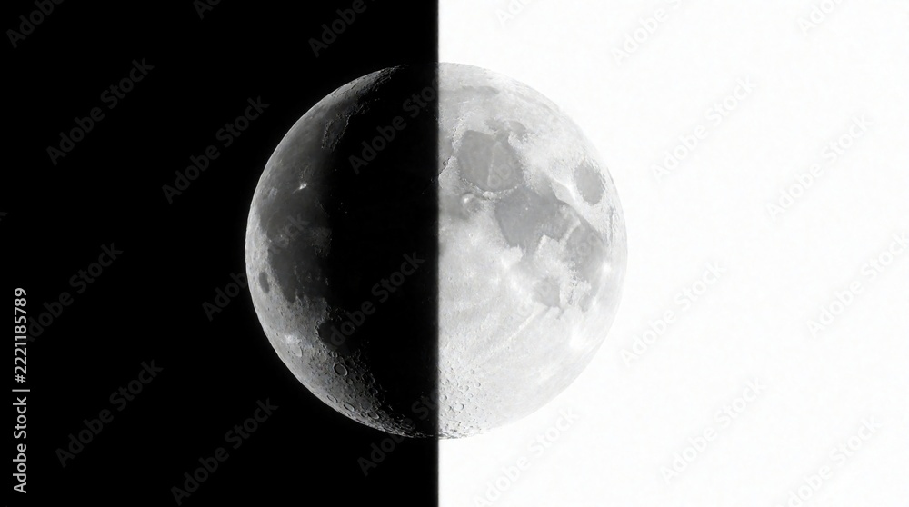 Fototapeta premium Minimalist lunar art shows crescent moon divided by vertical line. Half moon appears dark against black background half stays bright on white space. Celestial body concept with high contrast light,