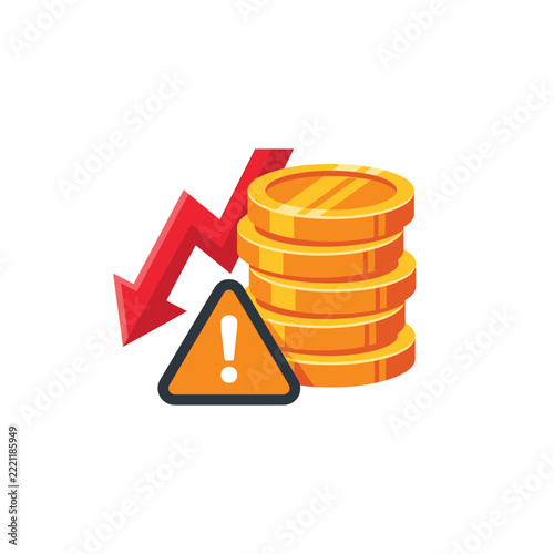 Economic Crisis and Financial Risk Illustration: Stack of Gold Coins with Red Downward Arrow and Warning Sign Symbolizing Market Crash, Inflation, and Investment Loss