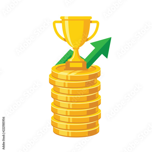Financial Success and Business Growth Concept with Gold Coins, Trophy Cup, and Upward Green Arrow