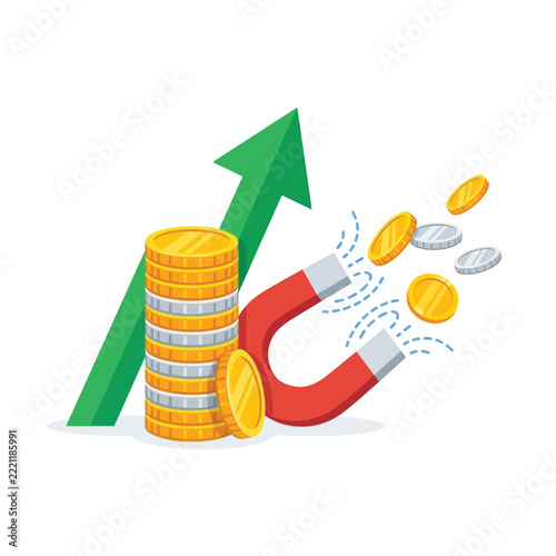 Money Magnet Concept with Red Horseshoe Magnet Attracting Gold Coins and Green Upward Arrow for Financial Growth and Investment Success