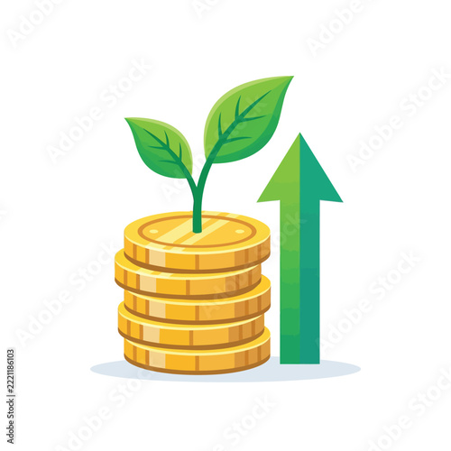 Financial Growth and Sustainable Investment Concept with Gold Coins, Green Sprout, and Upward Arrow