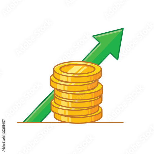 Financial Growth Illustration with Stack of Gold Coins and Green Upward Arrow for Profit and Investment Concept