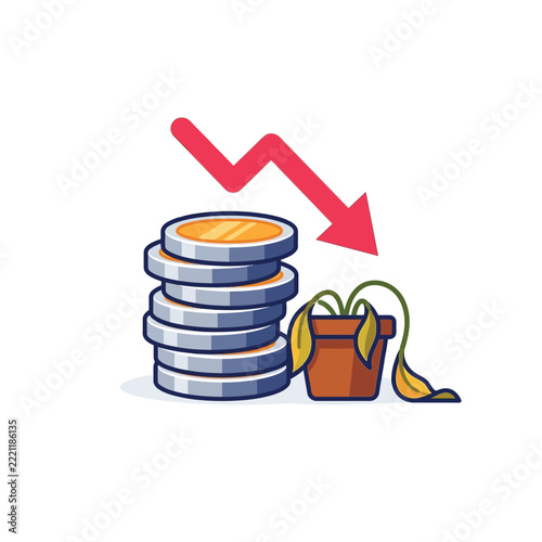 Financial Recession and Market Loss Concept Illustration with Falling Red Arrow, Stack of Coins, and Wilted Plant