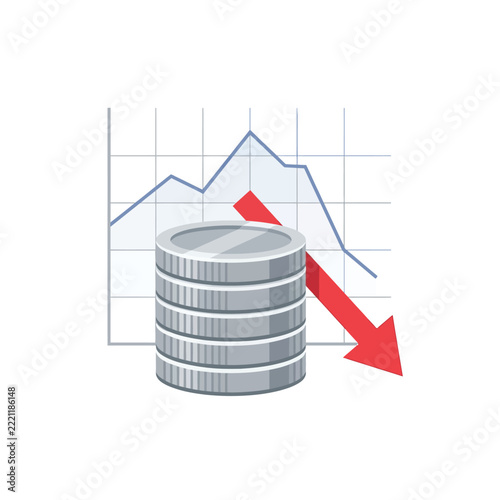 Economic Crisis and Financial Loss Illustration with Stack of Coins and Downward Red Arrow over a Market Trend Graph