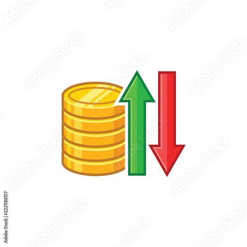 Gold Coin Stack with Up and Down Arrows Representing Financial Market Volatility, Profit and Loss, and Investment Trading Concept - Isolated Vector Illustration