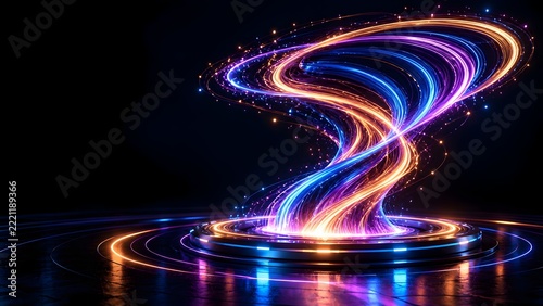 Dynamic glowing fiber optic vortex on futuristic circular base representing quantum data processing and digital energy