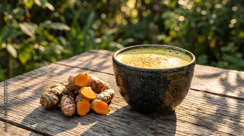 Turmeric Latte Resting in Ceramic Cup Beside Fresh Turmeric Roots on Rustic Wooden Table Outdoors