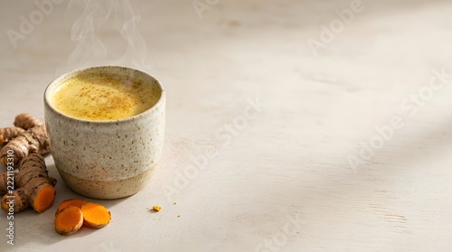 Hot Golden Milk Drink Steaming in a Ceramic Cup Next to Fresh Raw Turmeric Root Slices on a Light Background