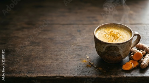 Steaming Cup of Warm Golden Turmeric Latte Steaming on a Dark Rustic Wooden Table Next to Fresh Turmeric Root