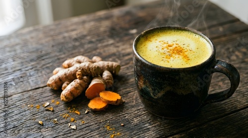 Golden Milk Turmeric Latte Steaming in a Ceramic Mug Beside Fresh Turmeric Roots on a Rustic Wooden Table