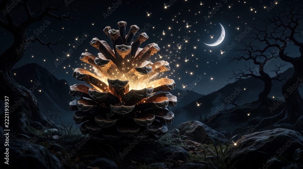 Fototapeta premium Surreal giant pine cone opens at night in dark forest. Glowing fireflies fly out like stars under crescent moon. Magical light sparkles from botanical seed pod in mysterious wilderness. Fantasy