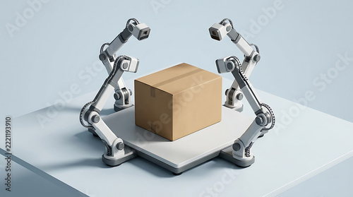 Four white robotic arms arranging around a cardboard box on a white platform, representing automation and manufacturing